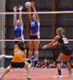 Volleyball Blocking Skills. Middle blocker joing outside blocker to form a double block.